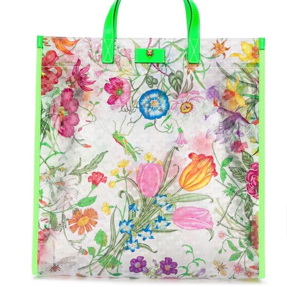 NWT Rare Color Large Gucci tote bag Flora vinyl Fluorescent green - Picture 2 of 5